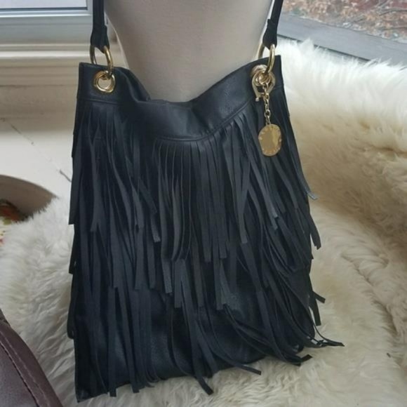 Stella & Jamie Black Leather Fringe Tote Handbag - Picture 3 of 6